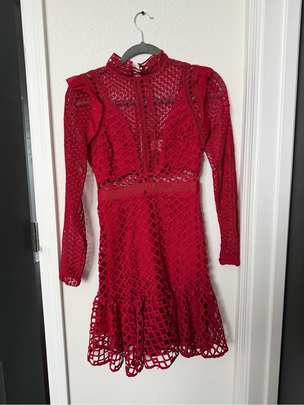 Red Crochet Lace Long-Sleeve Fit & Flare Dress